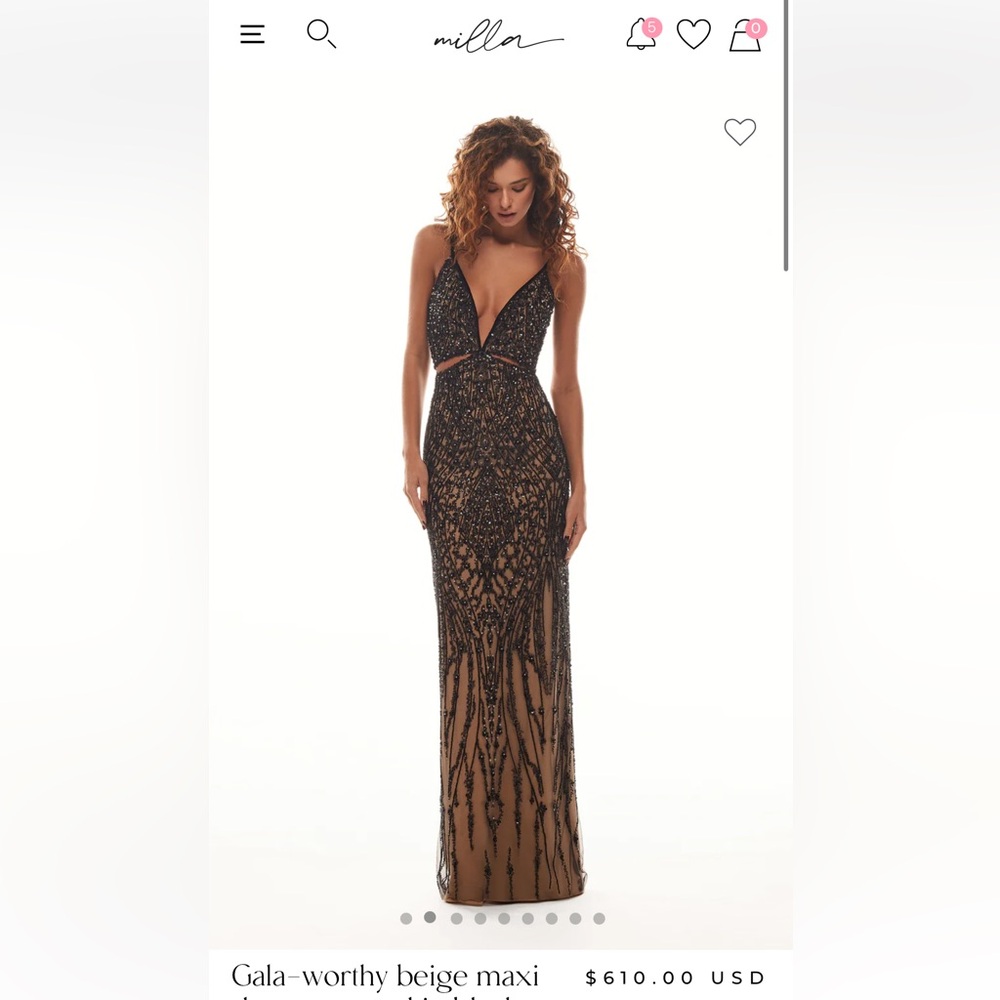 Gala-worthy beige maxi dress covered in black sequined ornament - worn once